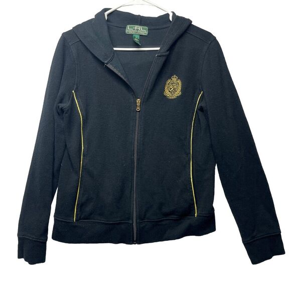 Lauren Ralph Lauren Womens Hoodie Medium Black Ribbed Zip Up Jacket Gold Crest - Picture 1 of 4